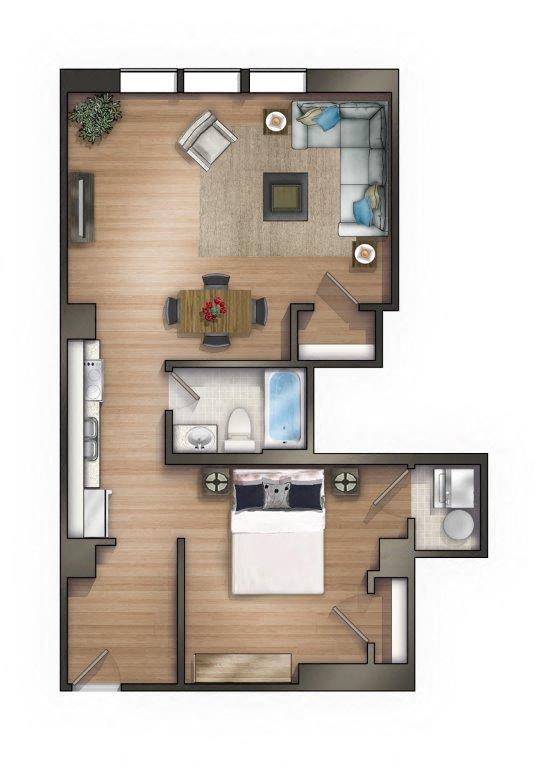 Floor plan for 1 bed, 1 bath, 893 sqft